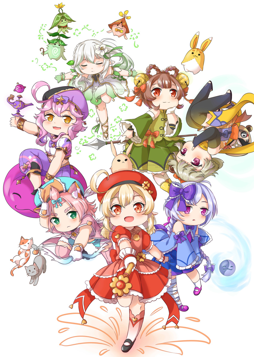 6+girls, :d, absurdres, ahoge, alternate_costume, animal_ears, aranara_(genshin_impact), bangs