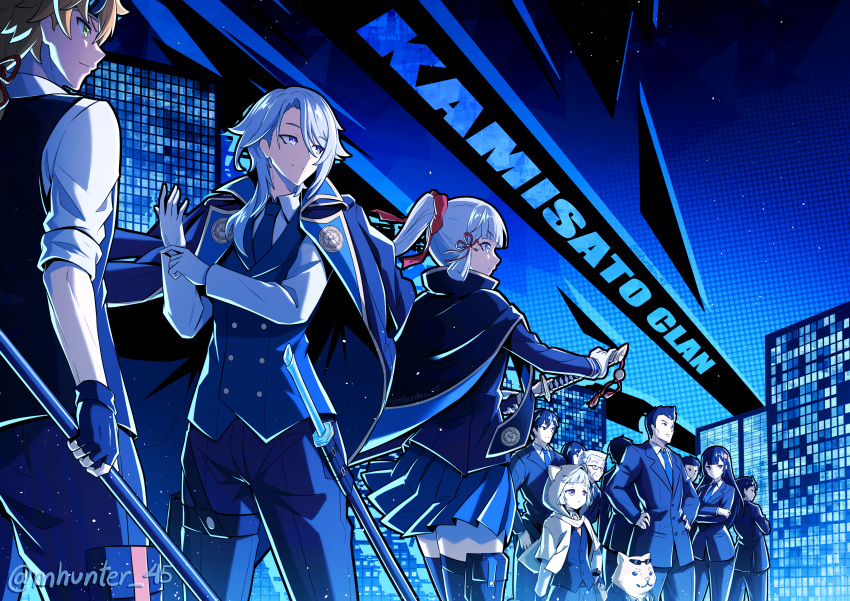 4girls, 6+boys, absurdres, alternate_costume, animal_hood, bangs, blonde_hair, blue_hair