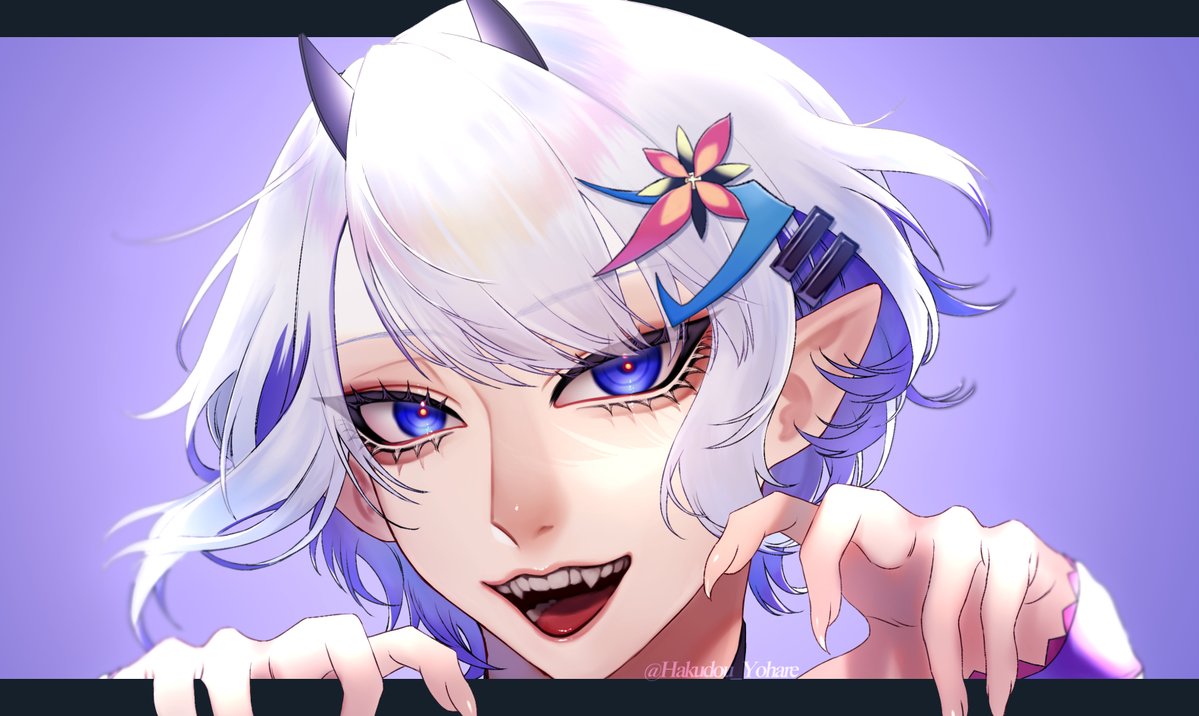 1boy, animal_ears, bishounen, colored_inner_hair, fake_animal_ears, hair_ornament, hairclip, hakudou_yohare, indie_virtual_youtuber, looking_at_viewer, male_focus, multicolored_hair, open_mouth, pointy_ears, purple_hair, solo, two-tone_hair, violet_eyes, virtual_youtuber, whale_taylor