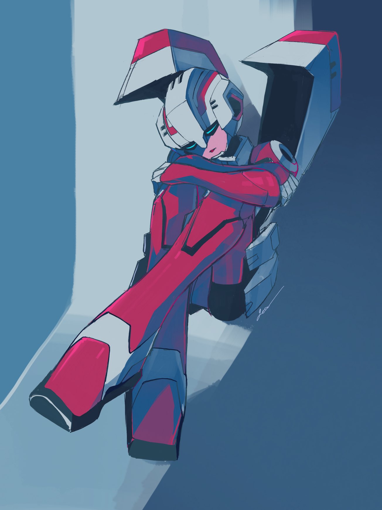 1girl, arcee, autobot, blue_background, blue_eyes, crossed_legs, curled_up, hand_on_own_knee, highres, looking_down, mecha, red_lips, robot, science_fiction, seikaigetsu, signature, sitting, solo, transformers, transformers_animated
