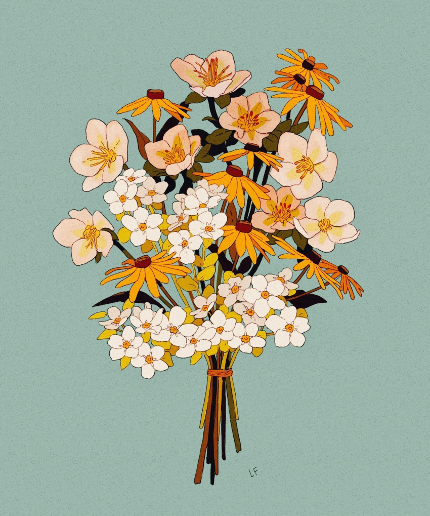 bouquet, calendula, commentary, english_commentary, flower, highres, leaf, libbyframe, no_humans, original, plant, signature, simple_background, still_life, white_flower, yellow_flower