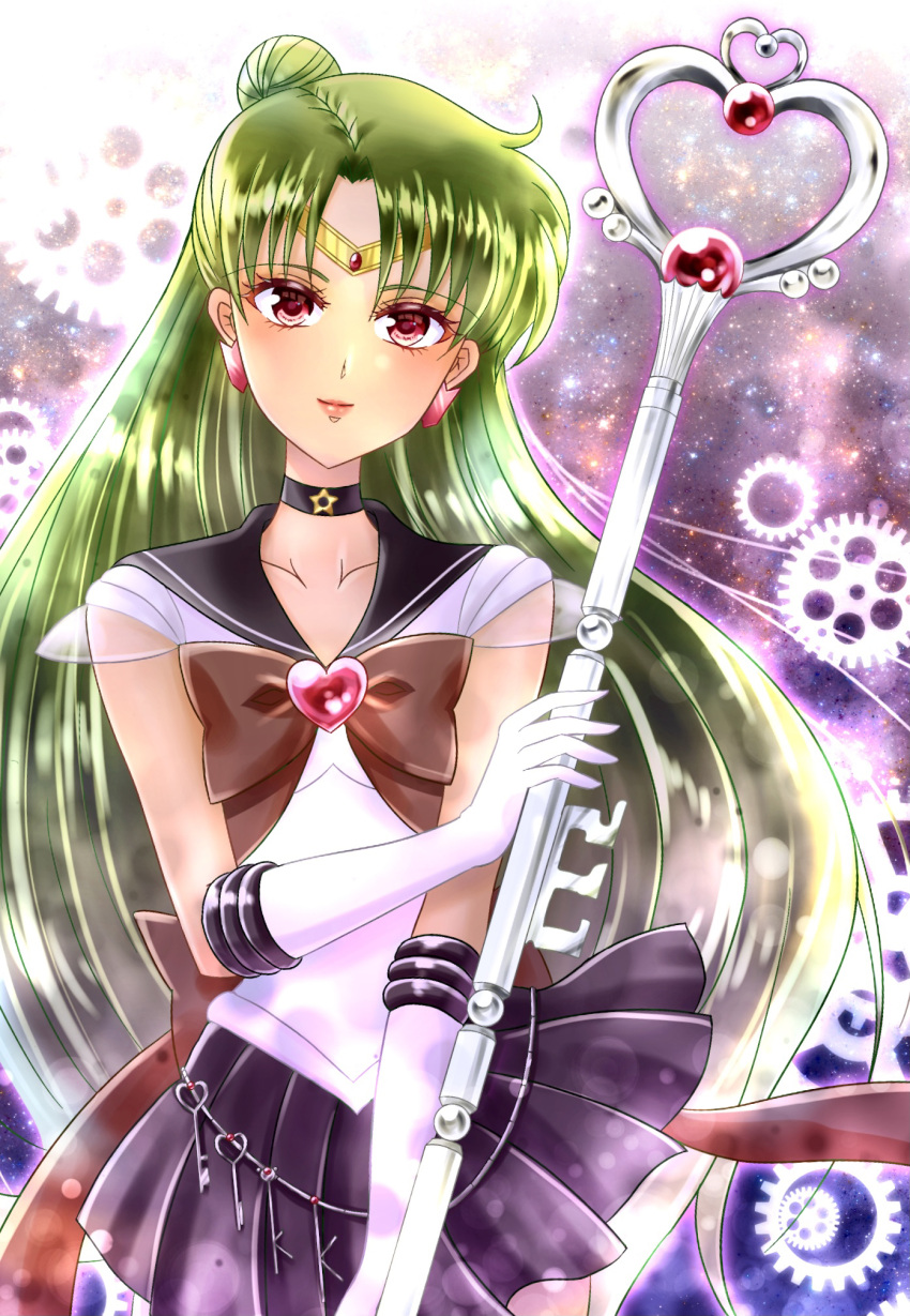 1girl, arrow_earrings, back_bow, bangs, bishoujo_senshi_sailor_moon, black_sailor_collar, black_skirt, bow
