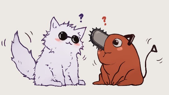 ?, cat, chainsaw, chainsaw_man, emphasis_lines, gojou_satoru, jujutsu_kaisen, looking_at_another