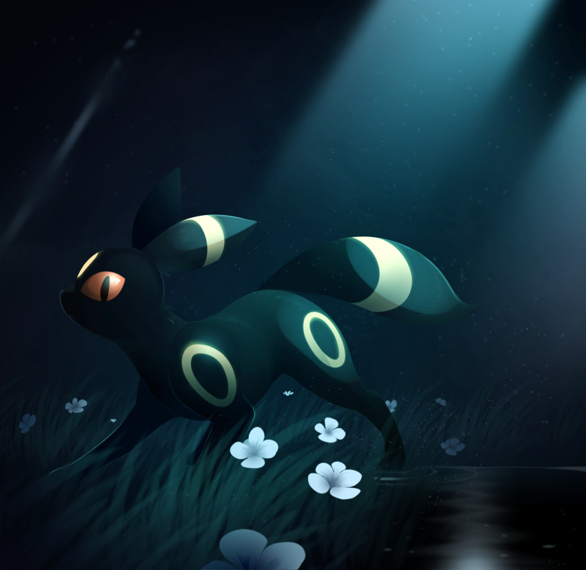 animal_focus, b-epon, black_eyes, colored_sclera, dark, flower, from_side, full_body, grass, highres, light_particles, light_rays, looking_at_viewer, night, no_humans, outdoors, pokemon, pokemon_(creature), red_sclera, ripples, solo, standing, umbreon, water, white_flower