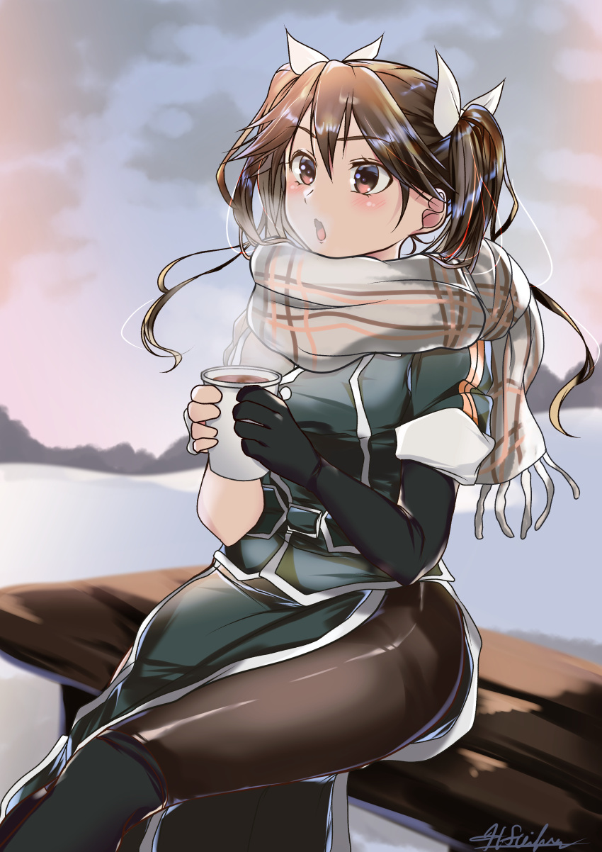1girl, absurdres, alternate_legwear, black_gloves, black_pantyhose, brown_hair, cup, disposable_cup, elbow_gloves, gloves, hair_between_eyes, hair_ribbon, highres, holding, holding_cup, kantai_collection, long_hair, matsurika_(harusutain), pantyhose, pelvic_curtain, plaid, plaid_scarf, ribbon, scarf, side_slit, single_elbow_glove, single_glove, sitting, solo, steam, thighband_pantyhose, tone_(kancolle), tone_kai_ni_(kancolle), twintails, white_ribbon
