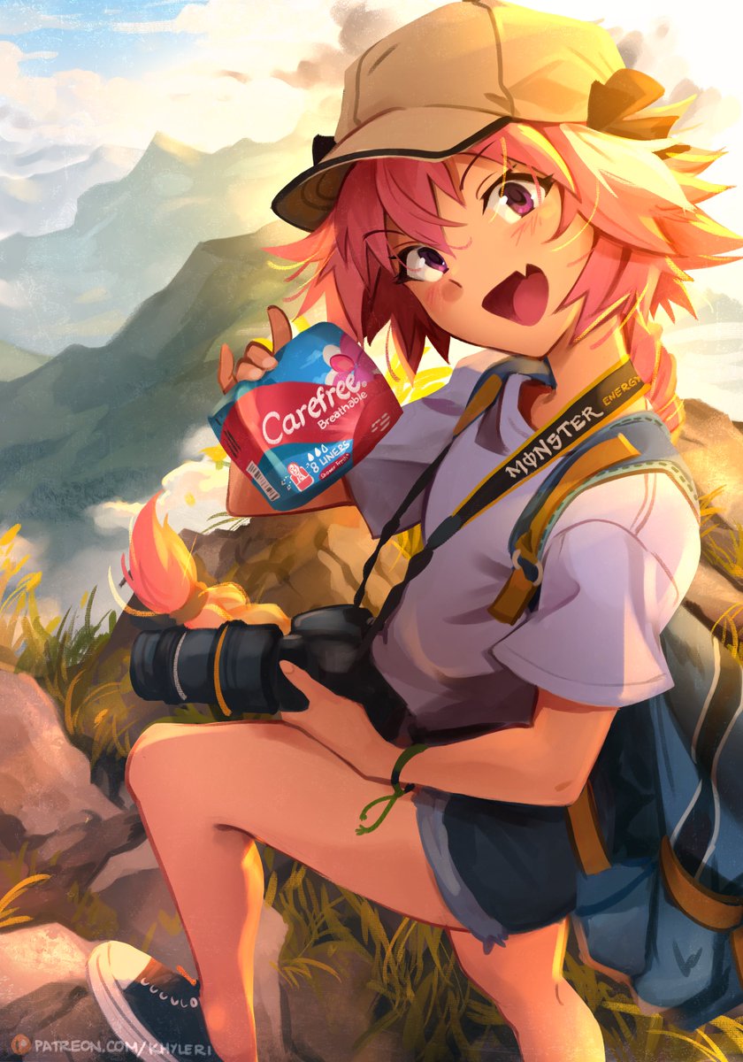 1boy, :d, astolfo_(fate), backpack, bag, braid, camera, commentary, english_commentary, fang, fate/apocrypha, fate_(series), hat, highres, hiking, holding, holding_camera, khyle., long_braid, long_hair, looking_at_viewer, male_focus, menstrual_pad, monster_energy, open_mouth, otoko_no_ko, outdoors, pink_hair, shoes, short_shorts, shorts, single_braid, skin_fang, smile, sneakers, solo, violet_eyes