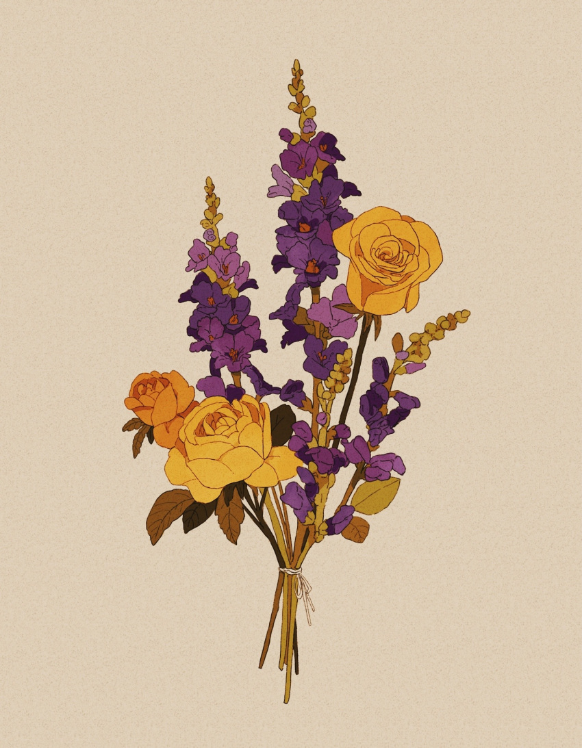 bouquet, commentary, commission, english_commentary, flower, grey_background, highres, leaf, libbyframe, no_humans, original, plant, purple_flower, rose, signature, simple_background, snapdragon, still_life, yellow_flower, yellow_rose