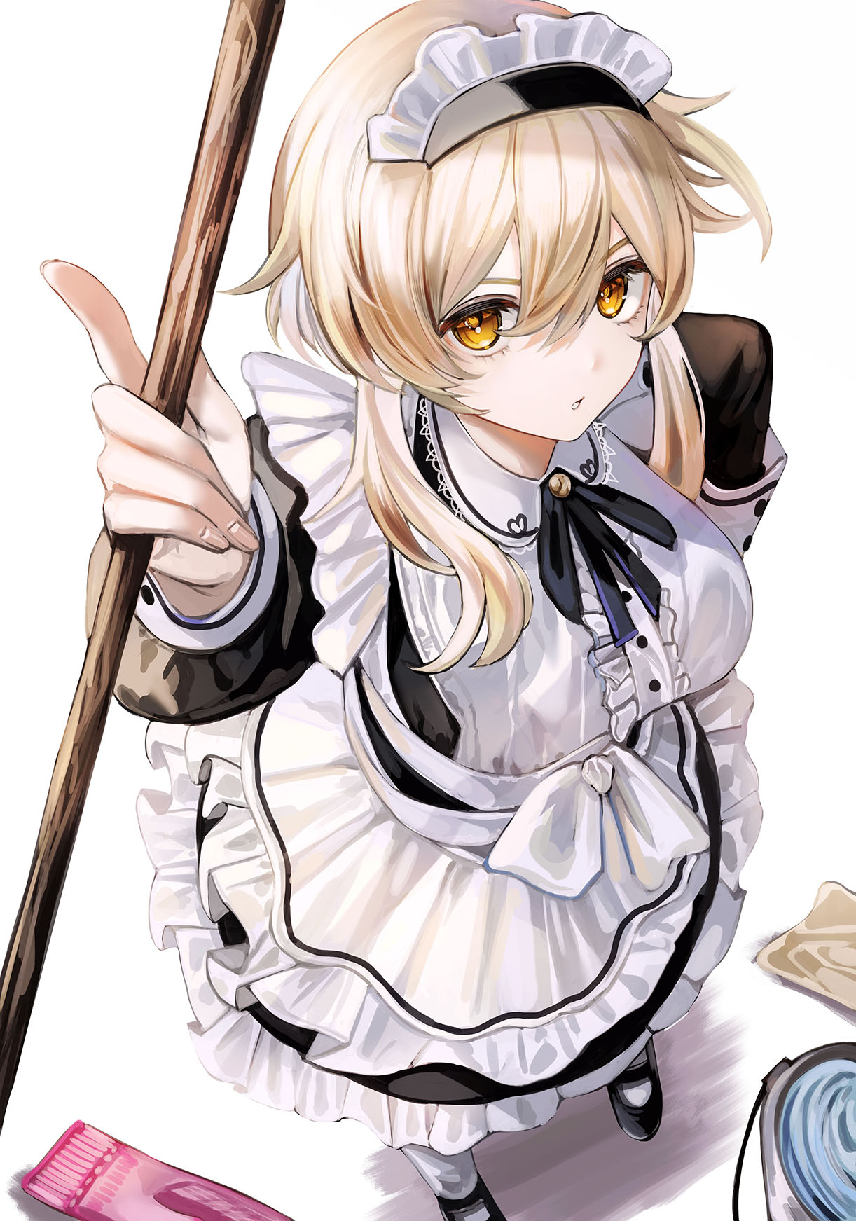 1girl, akaihosy, alternate_costume, apron, black_dress, black_footwear, black_ribbon, blonde_hair, bucket, bucket_of_water, dress, enmaided, from_above, genshin_impact, hair_between_eyes, hand_on_hip, highres, holding, long_sleeves, looking_at_viewer, lumine_(genshin_impact), maid, maid_apron, maid_headdress, neck_ribbon, parted_lips, ribbon, short_hair_with_long_locks, solo, white_background, white_wrist_cuffs, yellow_eyes