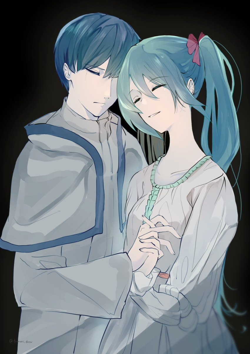 1boy, 1girl, adam_moonlit, aqua_hair, blue_hair, cheek-to-cheek, collar, collarbone