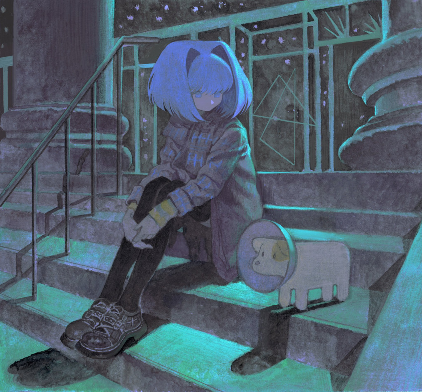 1girl, bangs, black_footwear, black_pantyhose, blue_hair, dog, full_body, hands_on_own_legs