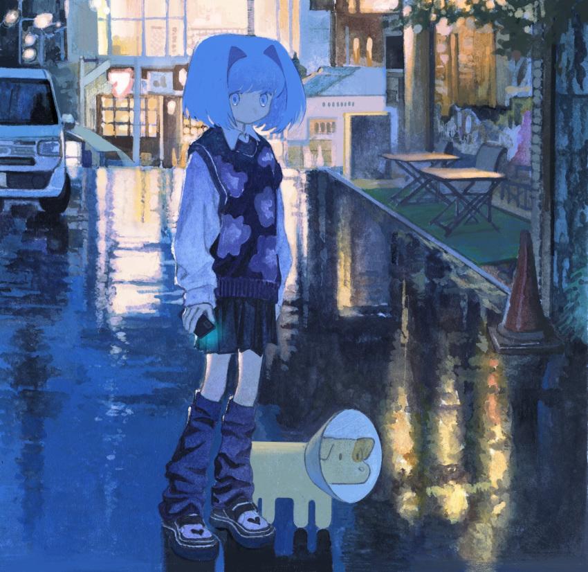 1girl, blue_eyes, blue_hair, car, city_lights, collared_shirt, dog, expressionless