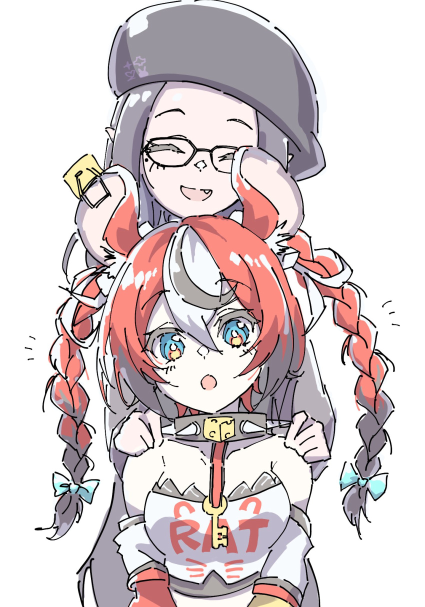 2girls, animal_ears, bare_shoulders, black_hair, blue_eyes, braid, collar, commentary