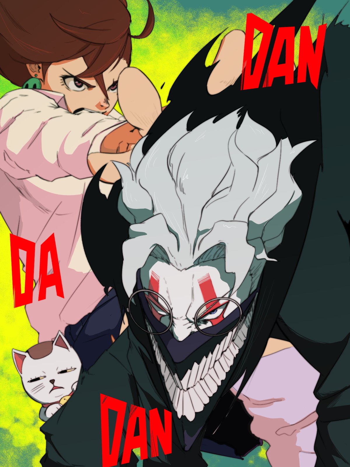 1boy, 2girls, ayase_momo, blue_hair, brown_hair, dandadan, facial_mark, gakuran, glass, green_background, highres, looking_to_the_side, mask, medium_hair, mouth_mask, multiple_girls, open_mouth, outstretched_arms, popped_collar, retrotheartist, round_eyewear, school_uniform, spiky_hair, sweater, takakura_ken_(dandadan), teeth, torn_clothes, turbo_granny, white_hair