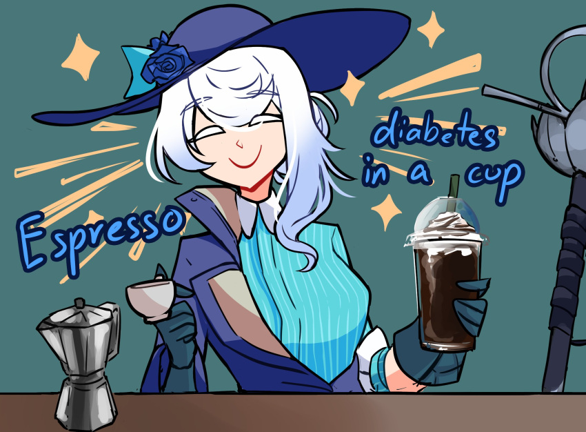 1girl, aqua_background, aqua_gloves, blue_flower, blue_headwear, blue_rose, blue_shirt, breasts, centurii-chan_(artist), character_request, closed_eyes, closed_mouth, coffee_maker_(object), cup, english_commentary, english_text, espresso_(drink), flower, gloves, hat, hat_flower, highres, holding, holding_cup, large_hat, long_sleeves, medium_breasts, medium_hair, rose, shirt, simple_background, smile, solo, striped, striped_shirt, upper_body, white_hair