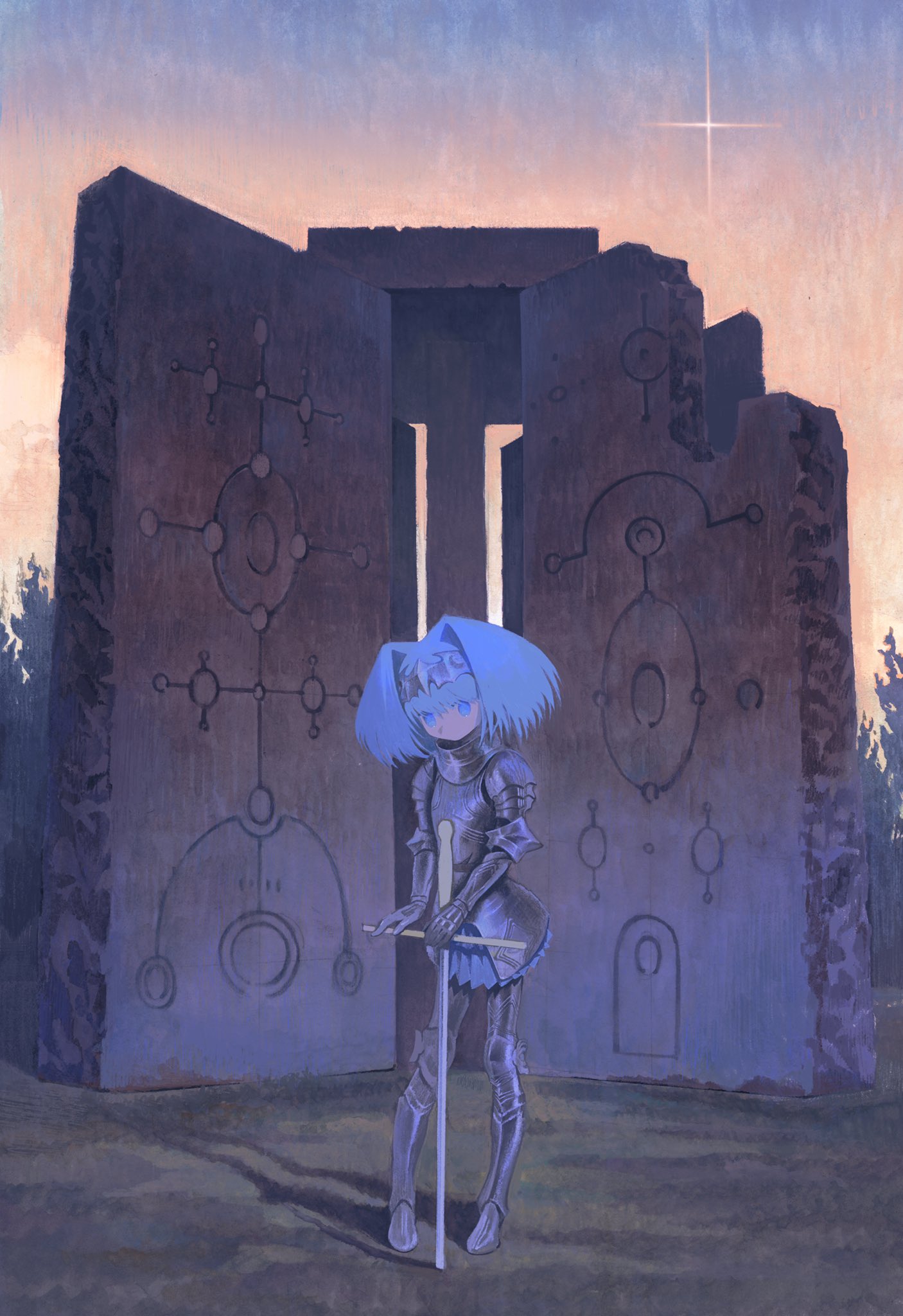 1girl, armor, bangs, blue_eyes, blue_hair, boots, full_armor, full_body