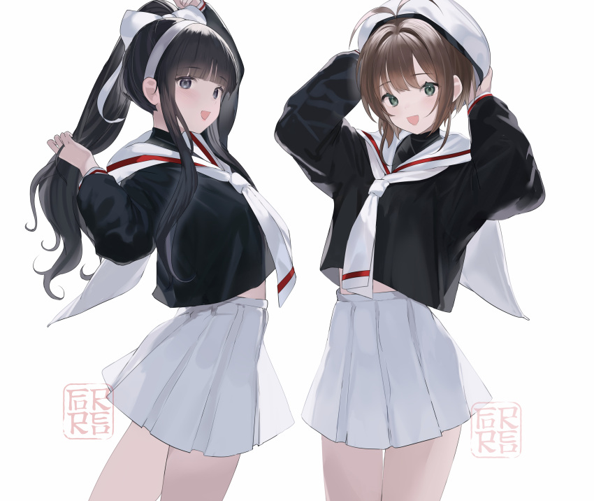 2girls, absurdres, antenna_hair, bangs, black_hair, black_shirt, blue_eyes, blunt_bangs