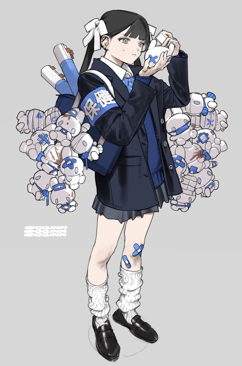 1girl, bag, bandaid, bangs, black_hair, black_jacket, blunt_bangs, buttons, full_body, grey_eyes, highres, holding, jacket, junro, loafers, looking_at_object, loose_socks, open_clothes, open_jacket, original, pleated_skirt, pocket, school_uniform, shirt, shoes, shoulder_bag, skirt, socks, solo, stain, stuffed_animal, stuffed_bunny, stuffed_toy, twintails, white_shirt