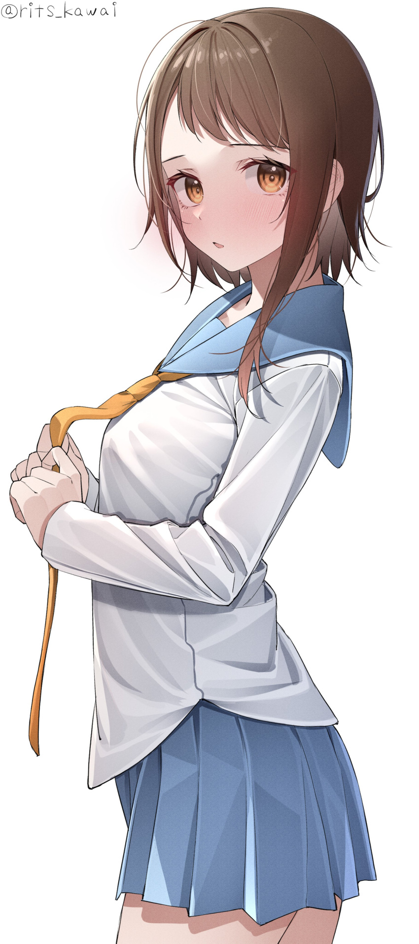 1girl, :o, absurdres, bangs, blush, bonyari_high_school_uniform, breasts, brown_eyes, brown_hair, cowboy_shot, from_side, green_sailor_collar, highres, kawai_ritsu_(rits_meg), large_breasts, long_hair, long_sleeves, looking_at_viewer, miniskirt, necktie, nisekoi, onodera_kosaki, open_mouth, orange_necktie, own_hands_together, pleated_skirt, sailor_collar, school_uniform, shirt, short_hair, skirt, smile, solo, white_shirt