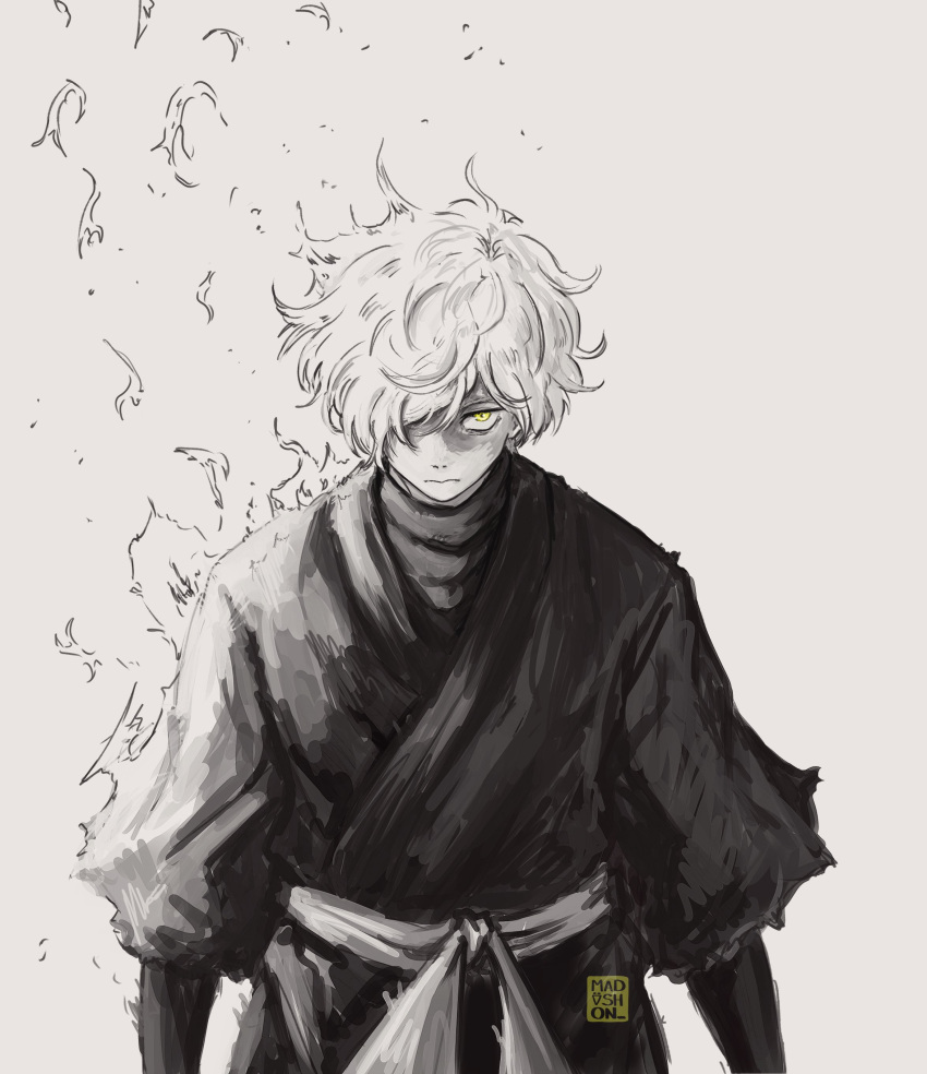 1boy, absurdres, black_robe, burning, curly_hair, gabimaru, hair_over_one_eye, highres