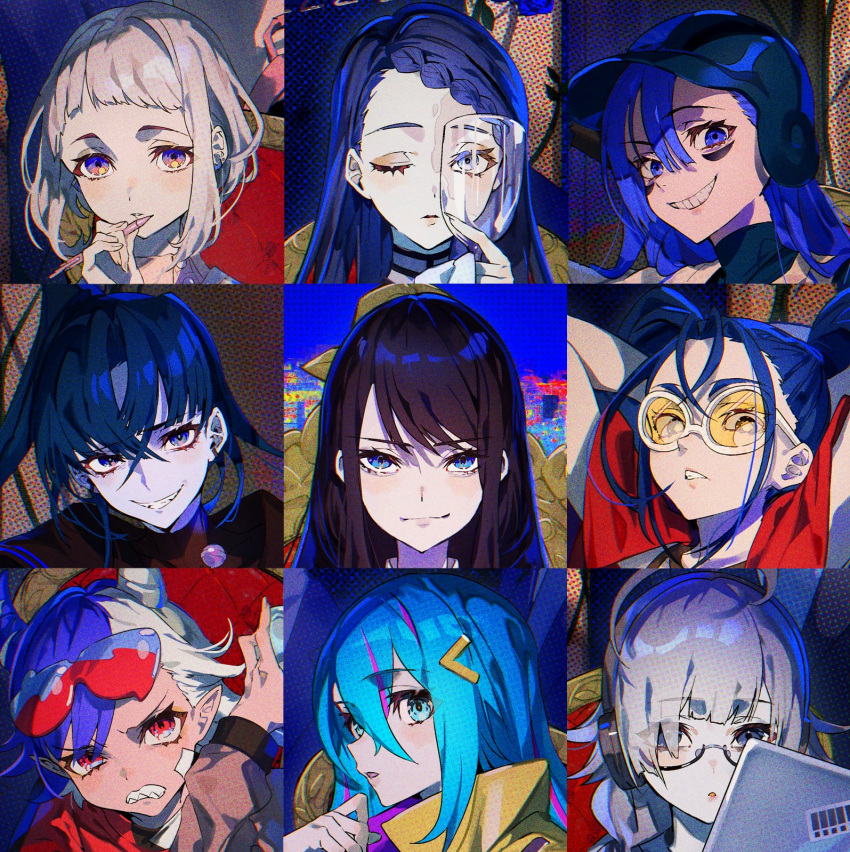 6+girls, ado_(singer), ashura-chan, bangs, black_hair, black_serafuku, blue_eyes, blue_hair, dark_blue_hair, eyewear_on_head, gira_gira, glasses, hair_ornament, hat, highres, holding, kokoro_to_iu_na_no_fukakai, long_hair, long_sleeves, looking_at_viewer, merry_(readymade), mika_pikazo, multicolored_hair, multiple_girls, naima_(usseewa), odo_(song), one_eye_closed, portrait, readymade, real_life, red_eyes, school_uniform, serafuku, shirt, usseewa, utaite_(singer), white_hair