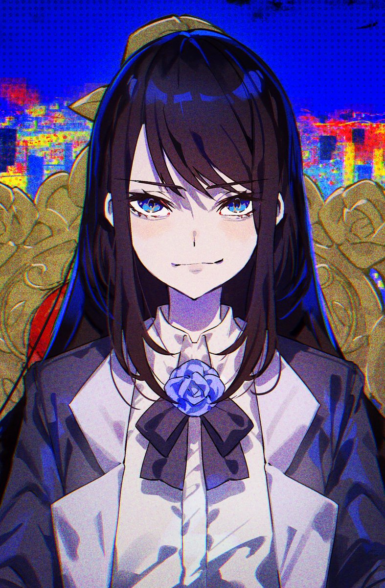 1girl, ado_(singer), bangs, black_hair, black_suit, blue_eyes, blue_flower, blue_rose