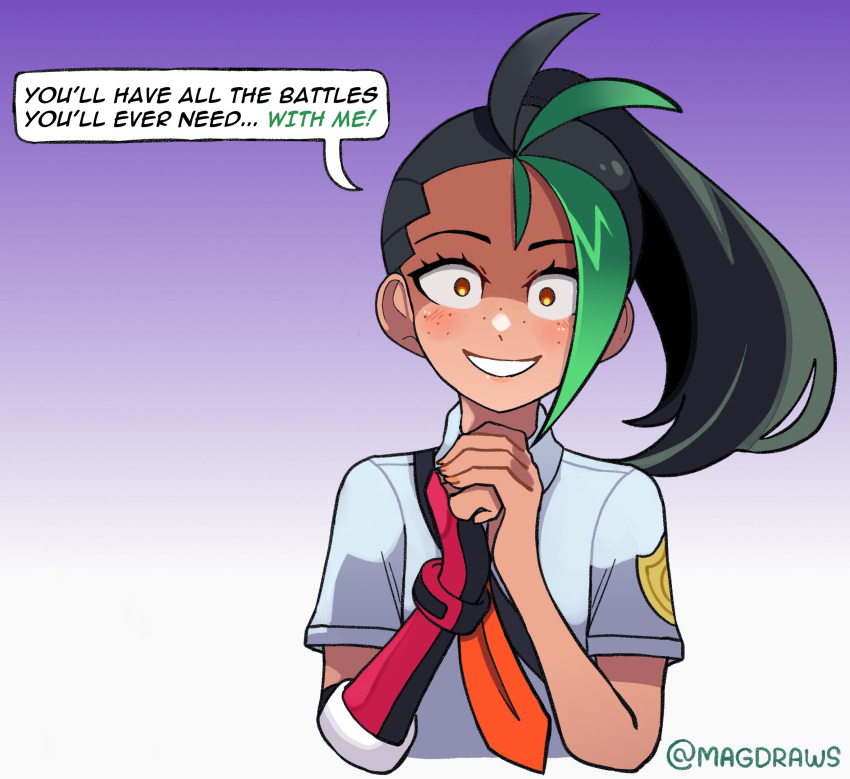 1girl, black_hair, blush, breasts, collared_shirt, crazy, dark_skin, english_text, fingerless_gloves, freckles, gloves, green_hair, hair_pulled_back, highres, long_hair, looking_at_viewer, mag_(magdraws), multicolored_hair, naranja_academy_uniform, necktie, nemona_(pokemon), open_mouth, orange_eyes, orange_necktie, own_hands_together, pokemon, pokemon_(game), pokemon_sv, ponytail, shirt, short_sleeves, single_glove, smile, solo, speech_bubble, streaked_hair, white_shirt, yandere