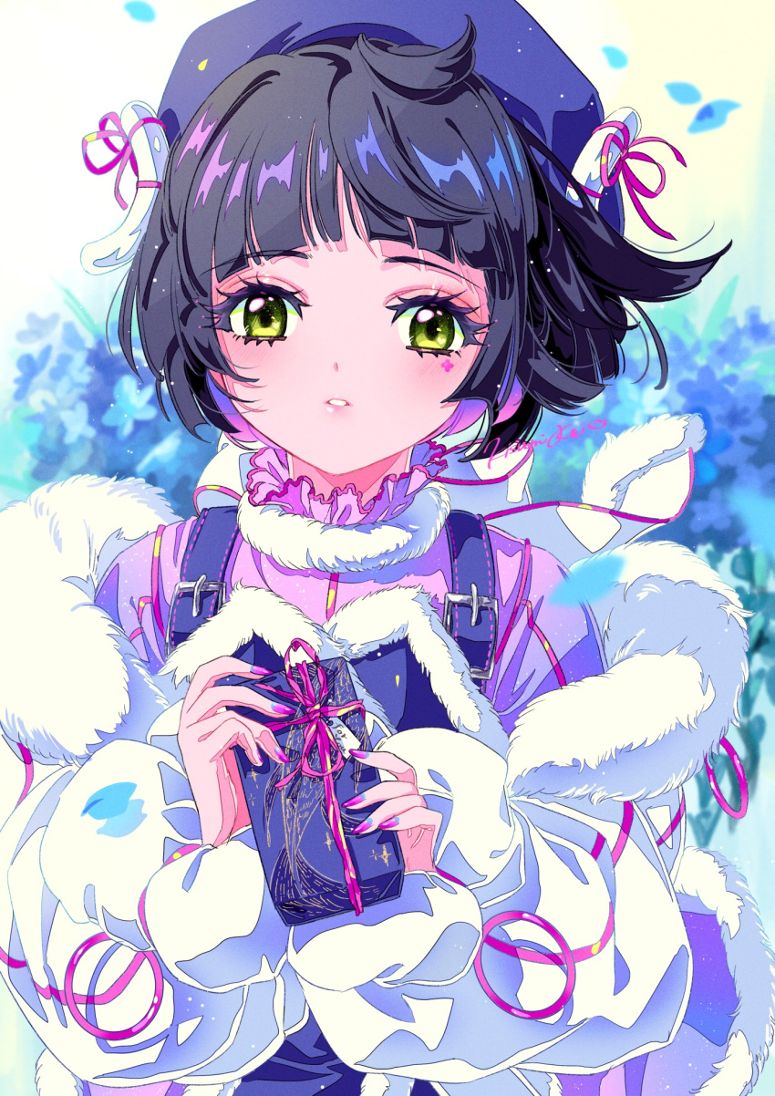 1girl, aru_(sinsekai), bangs, black_hair, blush, eyelashes, facial_mark, falling_petals