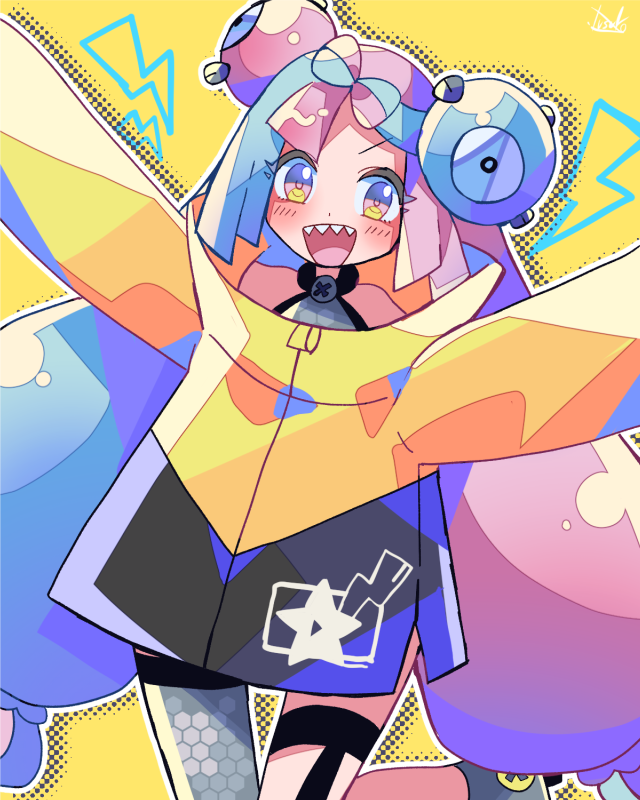 bow-shaped_hair, character_hair_ornament, grey_pantyhose, hair_ornament, hexagon_print, iono_(pokemon), jacket, long_hair