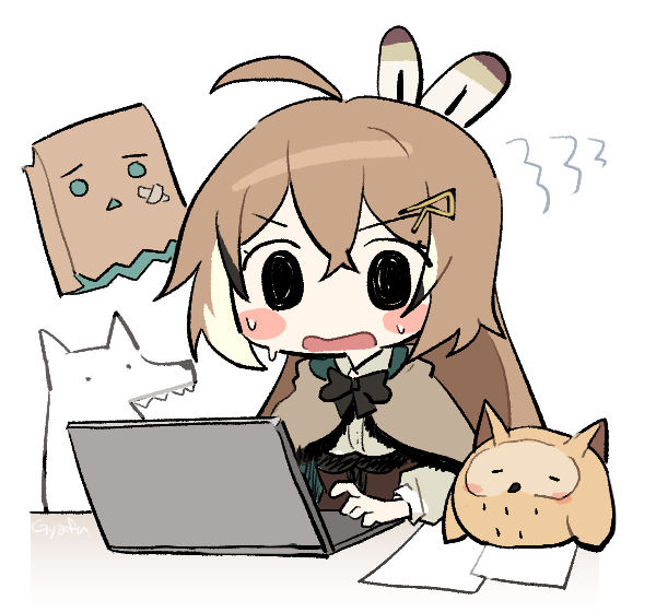 1girl, ahoge, animal_(nanashi_mumei), bangs, black_eyes, brown_capelet, brown_cloak, brown_corset