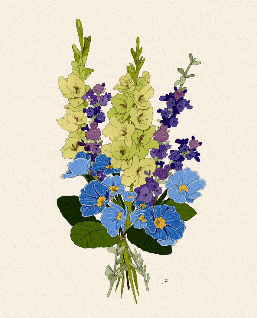 blue_flower, bouquet, commentary, english_commentary, flower, gladiolus, green_flower, highres