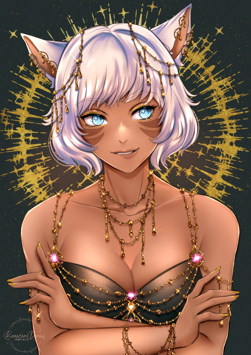 1girl, absurdres, animal_ears, bangs, biting, breasts, cat_ears, collarbone