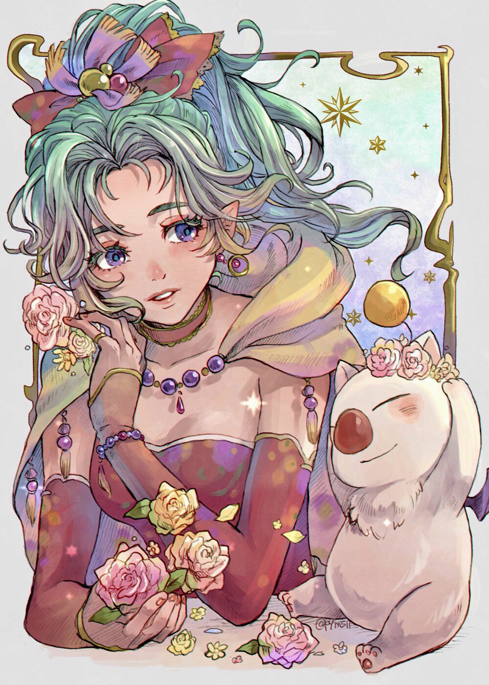 1girl, blue_eyes, breasts, cape, choker, detached_sleeves, dress, earrings