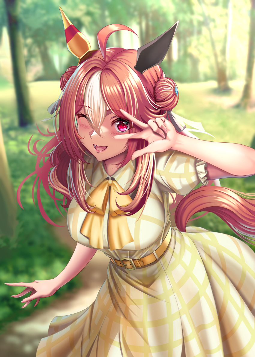 1girl, absurdres, animal_ears, belt, blurry, blurry_background, blush, breasts, brown_hair, casual, copano_rickey_(umamusume), fang, forest, hair_ornament, harold_japan, highres, horse_ears, horse_girl, horse_tail, lens_flare, looking_at_viewer, medium_breasts, medium_hair, nature, one_eye_closed, solo, tail, tree, umamusume, v