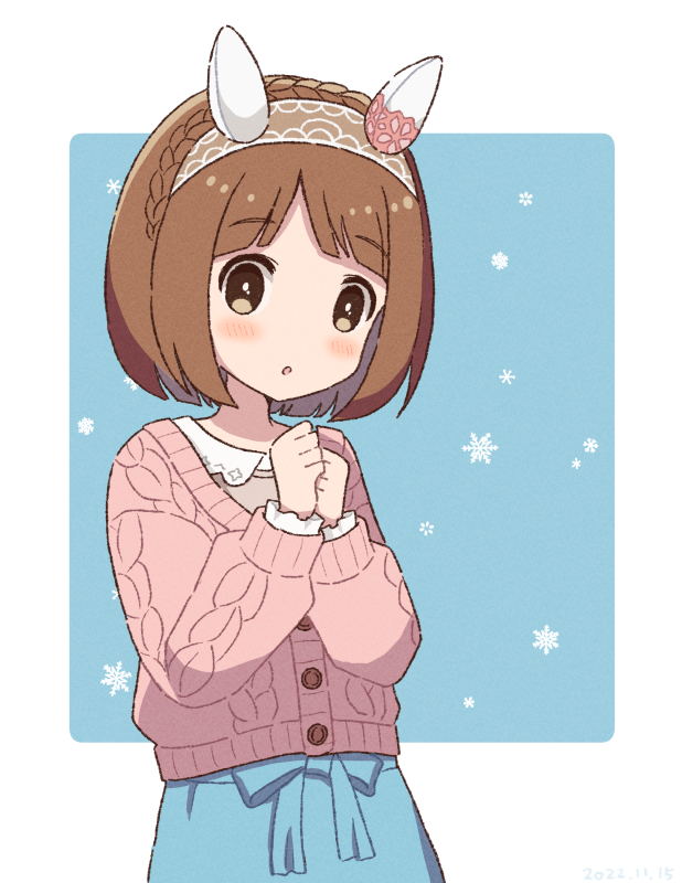 1girl, animal_ears, blue_background, blue_skirt, blush, braid, brown_eyes, brown_hair