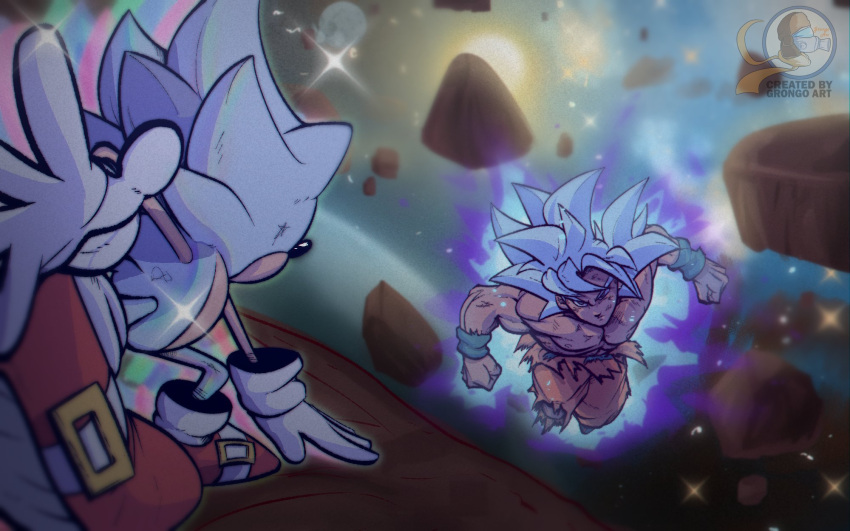 2boys, abs, animal_ears, animal_nose, artist_logo, artist_name, aura, battle, body_fur, clenched_hands, commentary, crossover, dougi, dragon_ball, dragon_ball_super, english_commentary, fighting, flying, furry, furry_male, gloves, grongo_art, highres, hyper_sonic, light_trail, male_focus, multiple_boys, muscular, muscular_male, pants, pectorals, pointy_nose, rainbow_gradient, red_footwear, red_pants, serious, shoes, short_hair, sneakers, son_goku, sonic_(series), sonic_the_hedgehog, sonic_the_hedgehog_(classic), spiky_hair, topless_male, torn_clothes, torn_pants, ultra_instinct, watermark, white_fur, white_gloves, white_hair, wristband