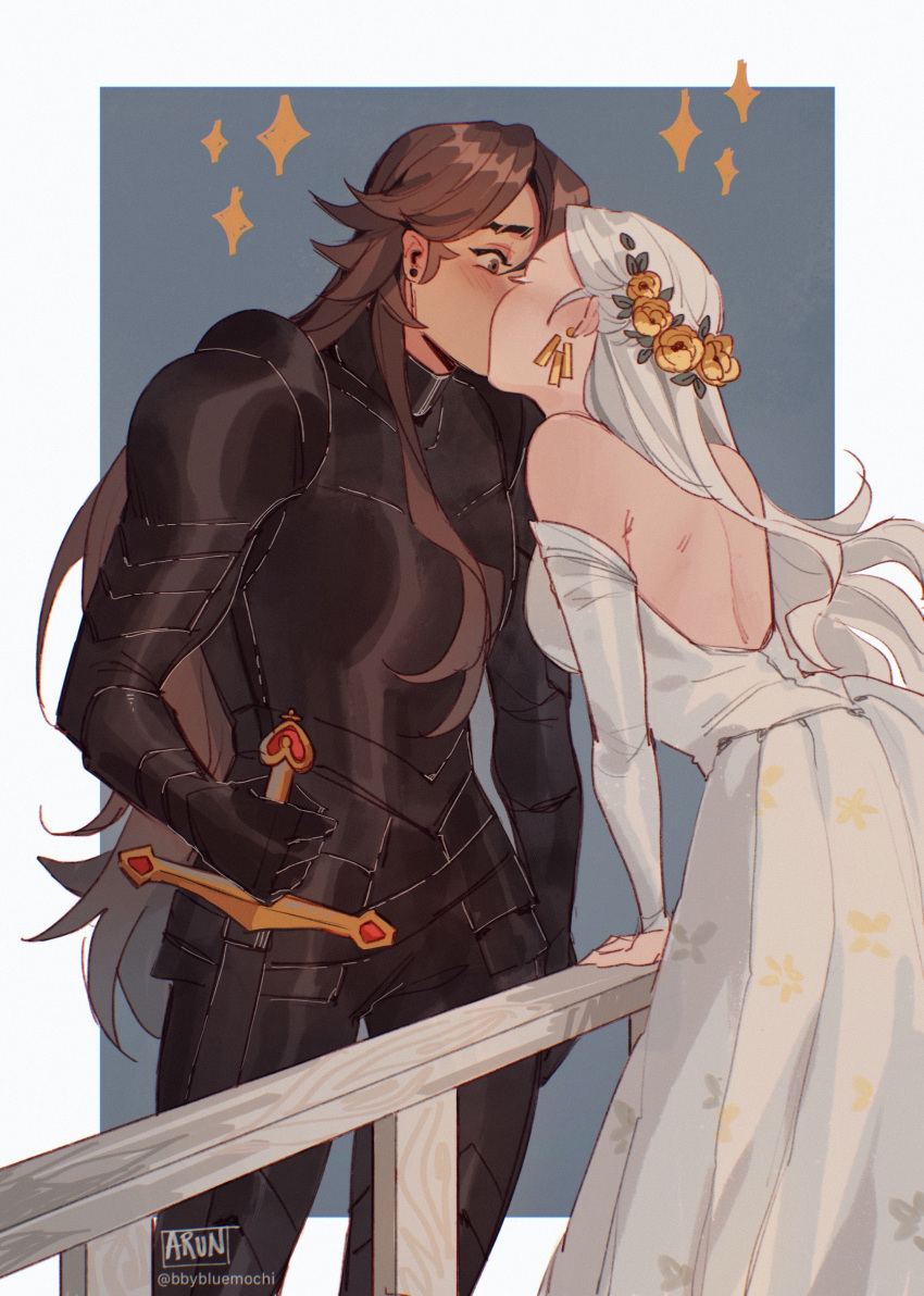 2girls, absurdres, armor, artist_name, bare_shoulders, bbybluemochi, black_armor, brown_hair, earrings, flower, grey_background, hair_flower, hair_ornament, highres, jewelry, kiss, leaning_forward, long_hair, looking_at_another, multiple_girls, original, railing, standing, sword, weapon, white_hair, yuri