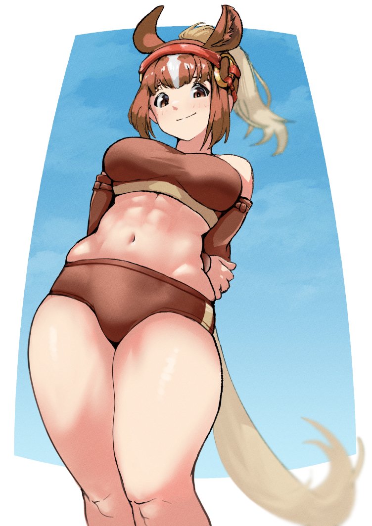 1girl, abs, animal_ears, bare_shoulders, brown_buruma, brown_eyes, brown_sleeves, brown_sports_bra