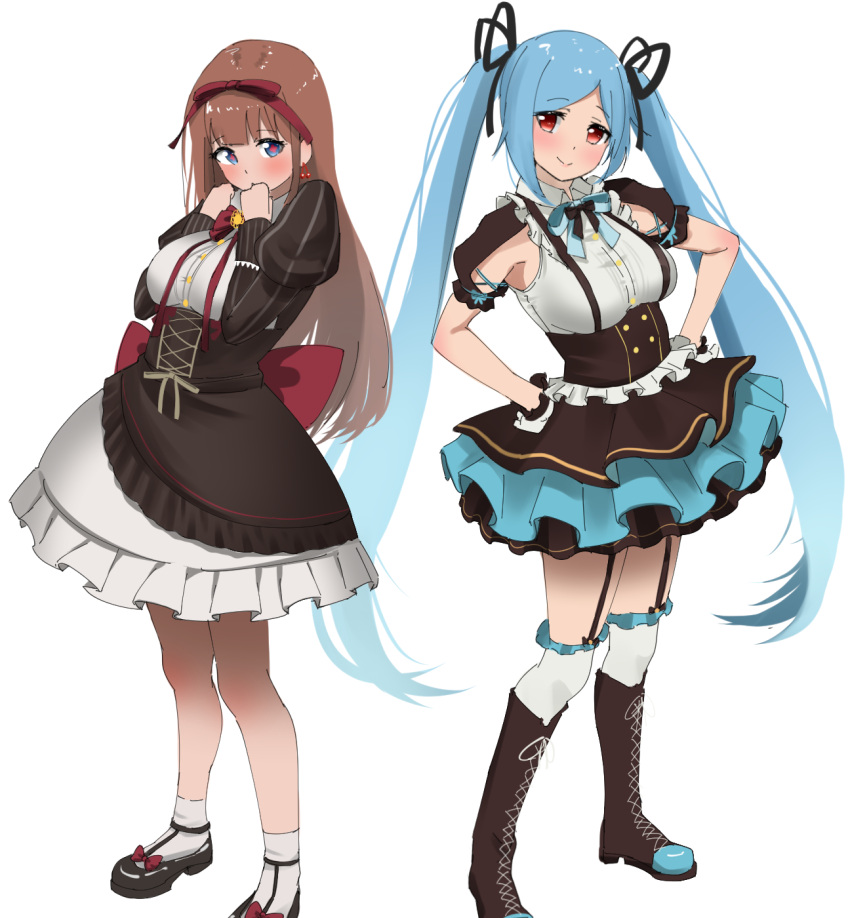 .live, 2girls, blue_hair, blush, boots, breasts, brown_hair, cross-laced_footwear