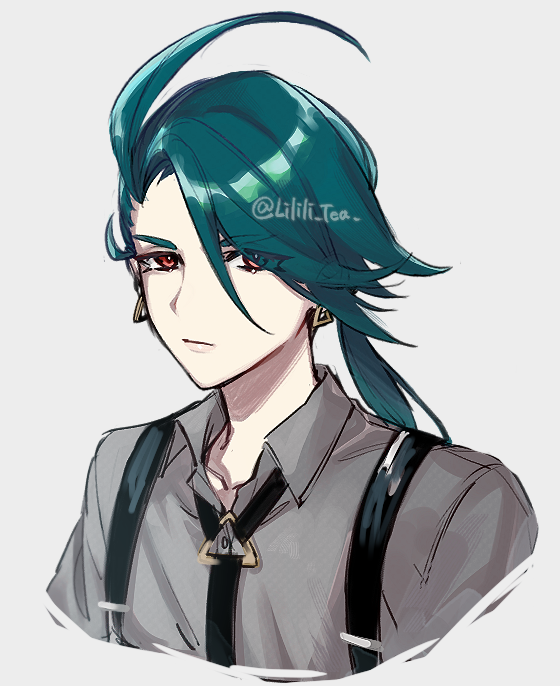 1girl, ahoge, androgynous, aqua_hair, black_necktie, bright_pupils, closed_mouth, collarbone