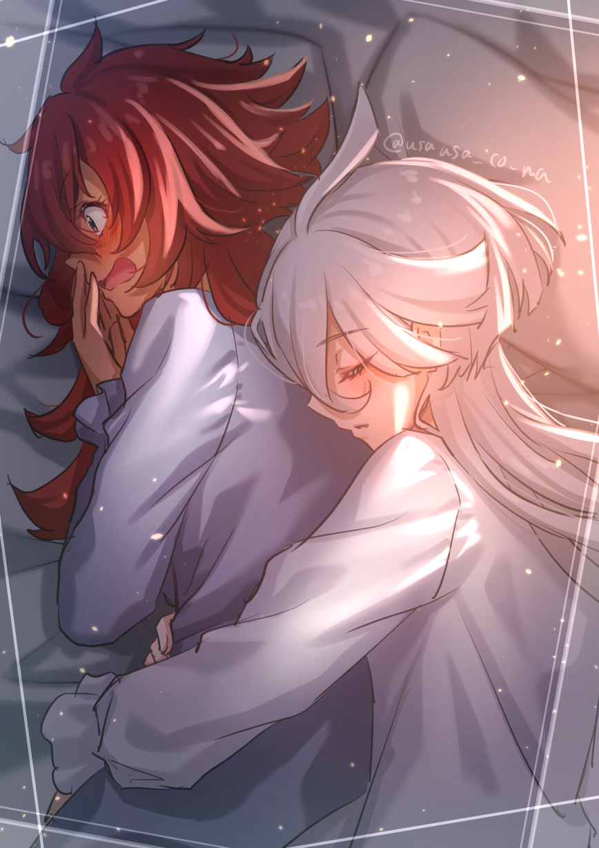 2girls, ahoge, aqua_eyes, blush, closed_eyes, commentary_request, from_above, grey_hair