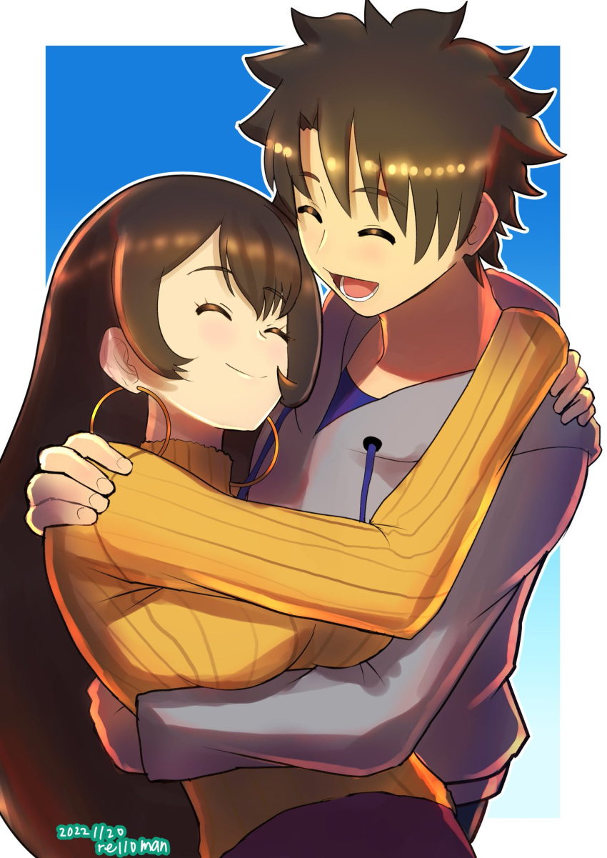 1boy, 1girl, artist_name, black_hair, breasts, brown_hair, closed_eyes, dated