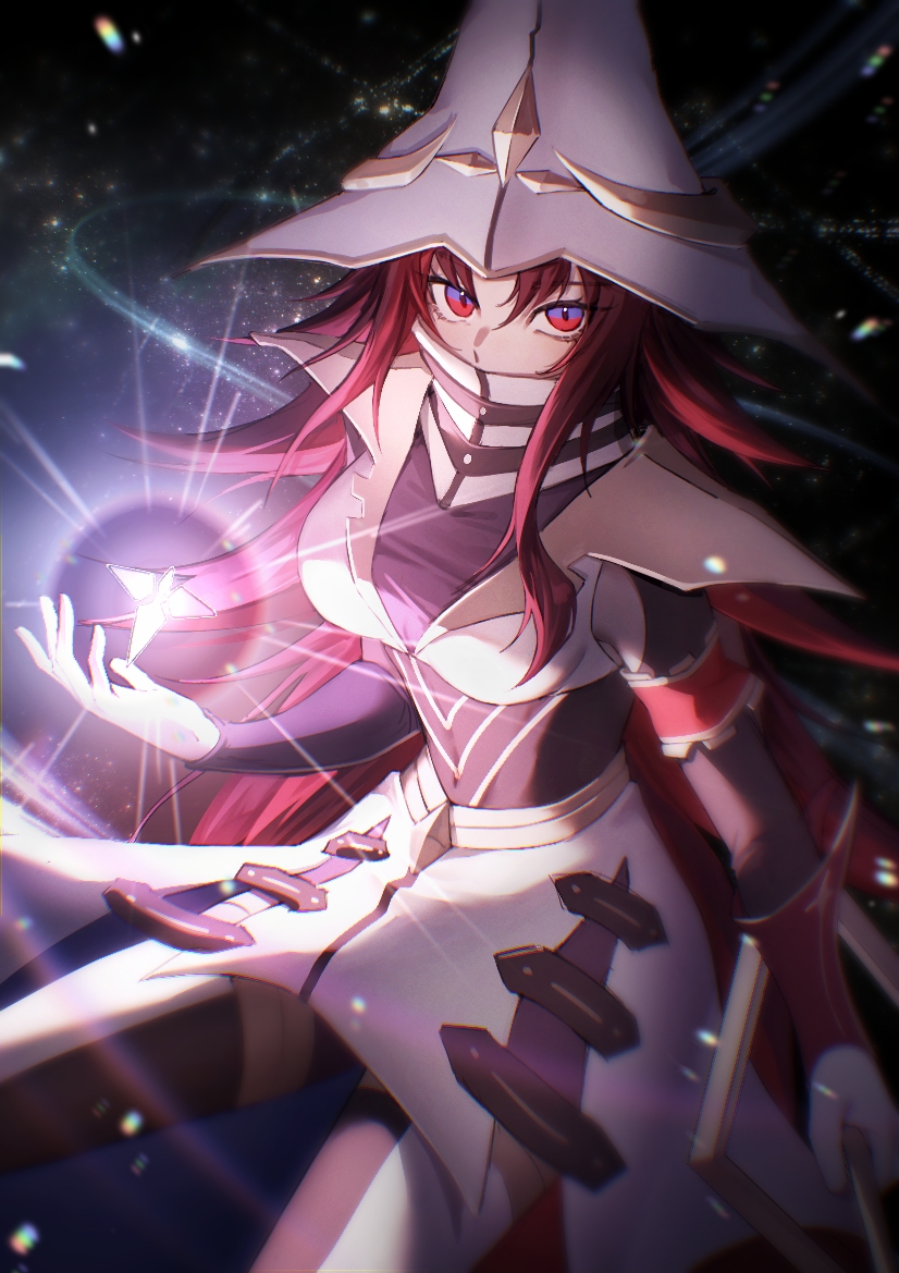 1girl, armband, beyond_the_pendulum, breasts, commentary, covered_mouth, dd03420354, duel_monster, gloves, hand_up, hat, holding, holding_staff, long_hair, multicolored_eyes, pointy_hair, redhead, solo, spiky_hair, staff, strap, white_gloves, white_headwear, wizard, wizard_hat, yu-gi-oh!