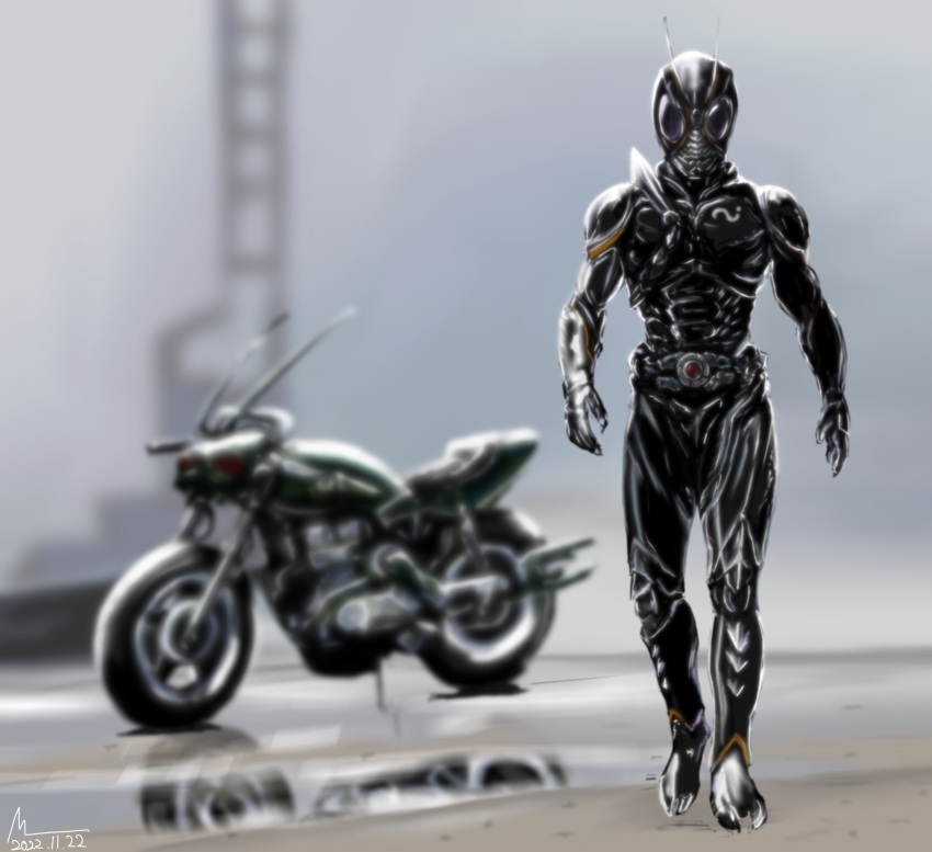 1boy, absurdres, battle_hopper, ground_vehicle, highres, kamen_rider, kamen_rider_black_(series), kamen_rider_black_sun