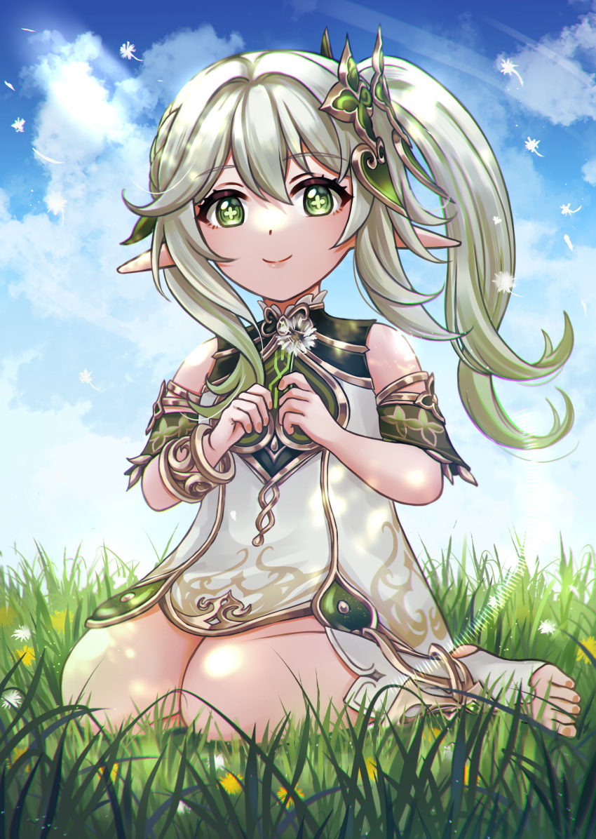 1girl, absurdres, bangs, blue_sky, blurry, bracelet, clouds, cloudy_sky