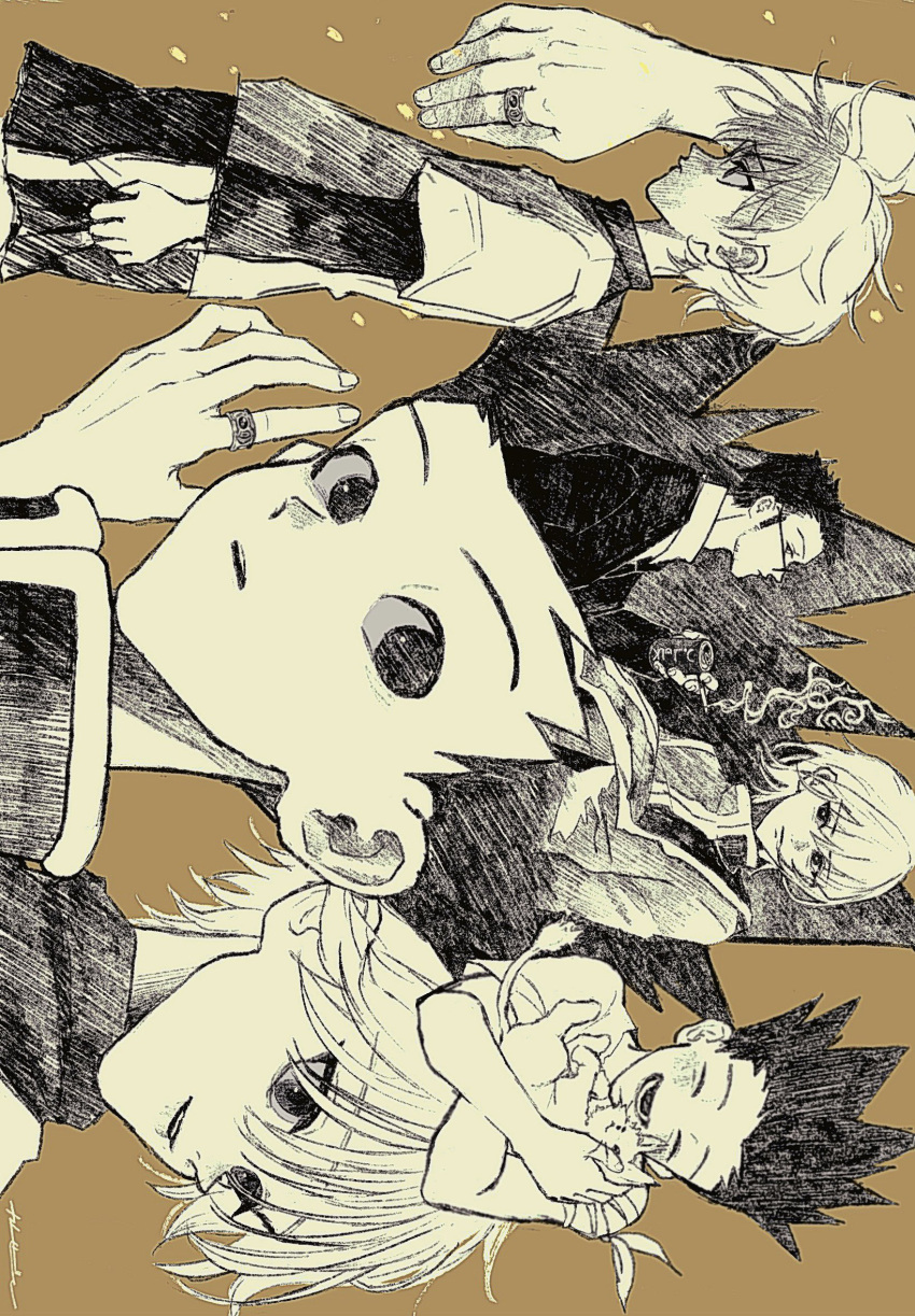 4boys, animal, brown_background, cat, cigarette, coffee_mug, commentary, cup, gon_freecss, highres, holding, holding_animal, holding_cigarette, hunter_x_hunter, jewelry, kaze_no, killua_zoldyck, kurapika, leorio_paladiknight, looking_to_the_side, lower_teeth, male_focus, mug, multiple_boys, open_mouth, ring, shorts, smoke, symbol-only_commentary, teeth