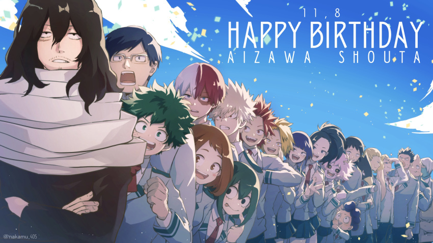 6+boys, 6+girls, :d, animal_head, aoyama_yuuga, ashido_mina, asui_tsuyu, bakugou_katsuki