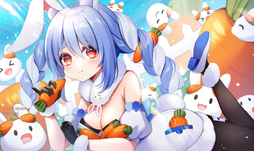 1girl, :t, animal_ears, bangs, bare_shoulders, black_gloves, black_leotard, black_pantyhose
