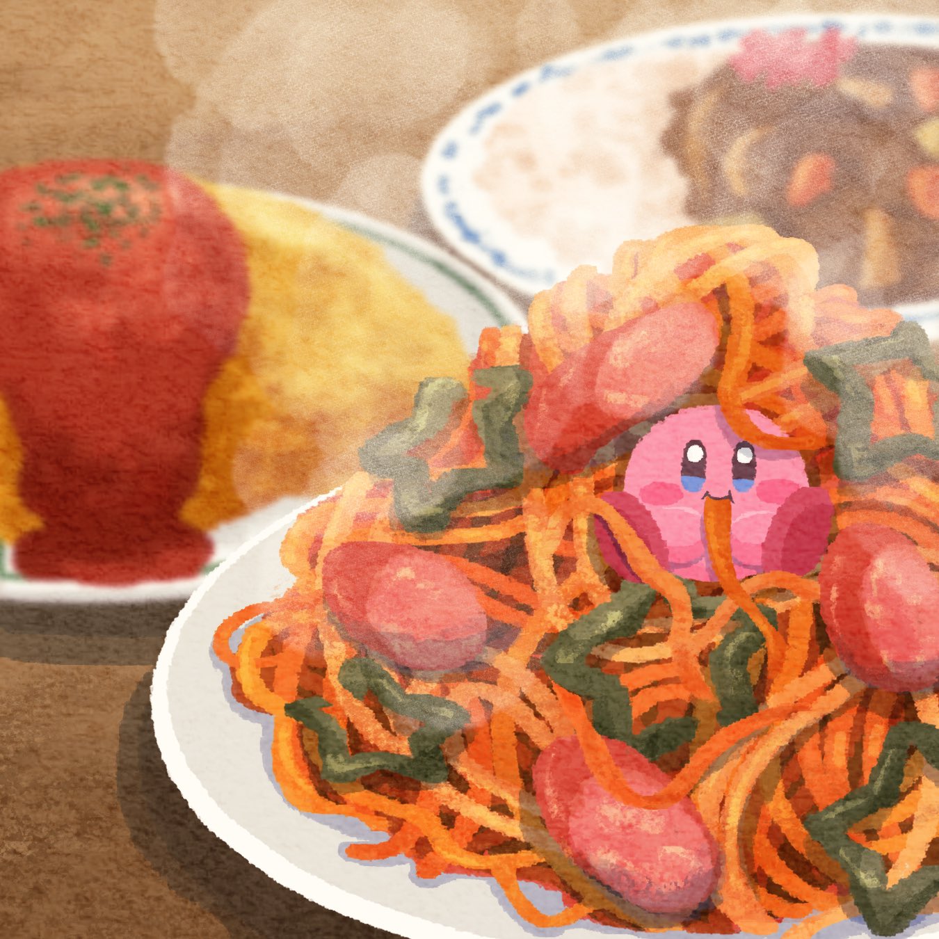 blue_eyes, blush, blush_stickers, closed_mouth, commentary_request, eating, food, food_in_mouth