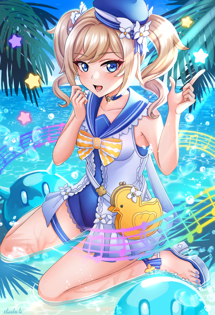 1girl, absurdres, bag, barbara_(genshin_impact), barbara_(summertime_sparkle)_(genshin_impact), beach, blue_eyes, blue_one-piece_swimsuit