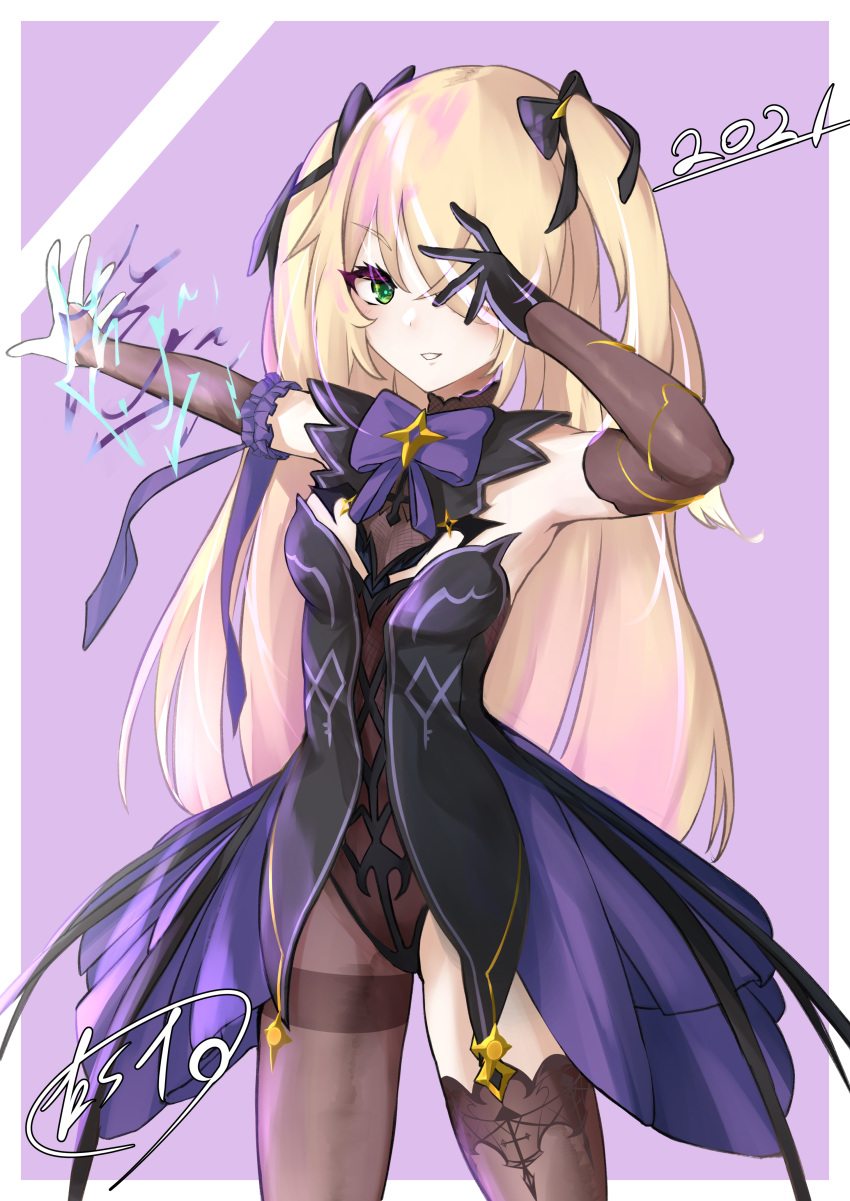 1girl, 2021, absurdres, asymmetrical_sleeves, bangs, black_leotard, blonde_hair, commentary_request